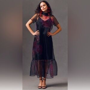 BHLDN Carina Short-Sleeve High-Neck Organza Midi Dress